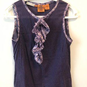 TORY BURCH PURPLE POLKA DOT RUFFLED SLEEVELESS TOP